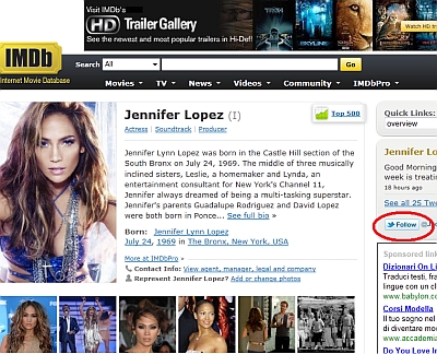 IMDB è uno dei siti Web che ha già implementato il tasto Follow di Twitter